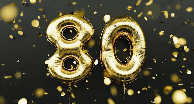 Foto 80 anni. palloncini d'oro numero 80° anniversario, congratulazioni di buon compleanno, con coriandoli che cadono