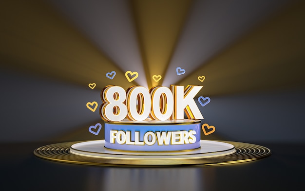 800k followers celebration thank you social media banner with spotlight gold background 3d render