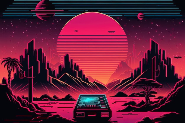 80s cyberpunk style in retro Speculative Background futuristic landscape with a laser grid