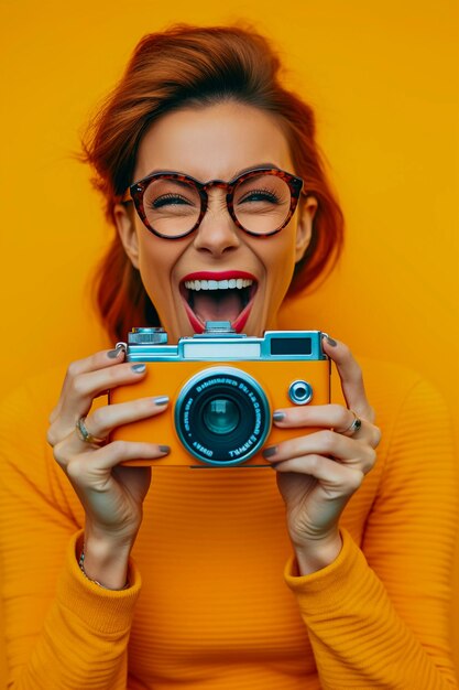 Photo 80s nostalgia women capturing photos with vibrant retro colors ai generated