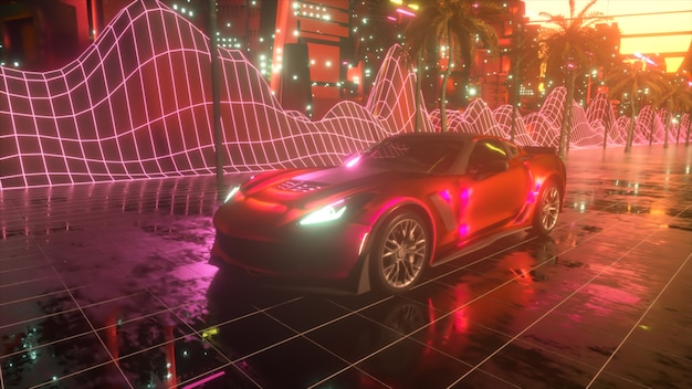 80s retro background . Futuristic car drive through neon city.