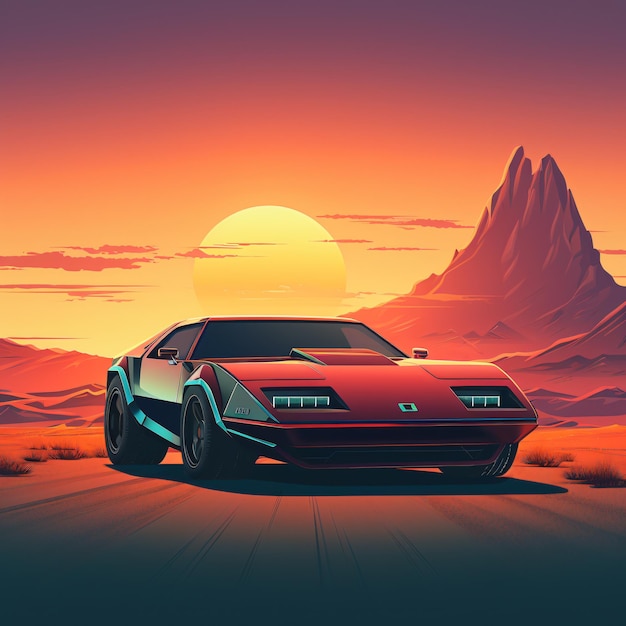80s retro futuristic car in the sunset