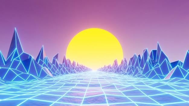 80s retro futuristische scifi naadloze loops Retrowave VJ video game landschap neonlichten en laag poly terrein raster Vintage 3D render achtergrond met bergen en zon