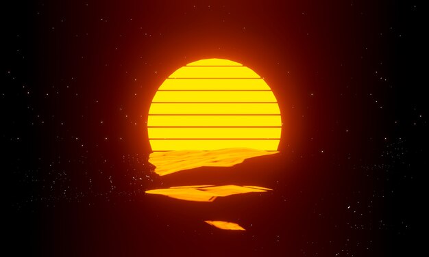 Photo 80s retro sunset background. futuristic landscape with sun wave of the 1980s style. 3d render for poster, banner.