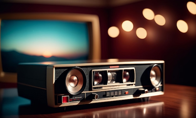 80s retro wave nostalgic style background displayed on vintage camera tv vhs music