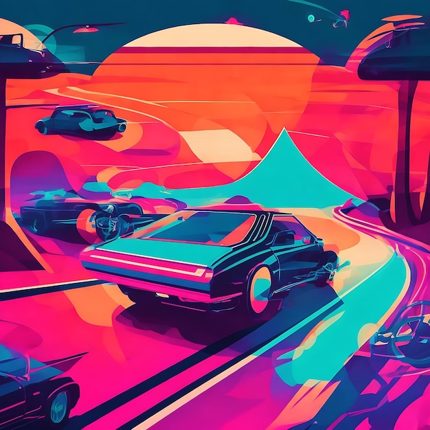 80s style illustration with car driving into sunset Generative AI