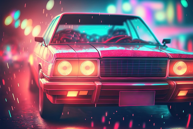 80s styled abstract retro car Vintage automotive design in neon lights Generated AI