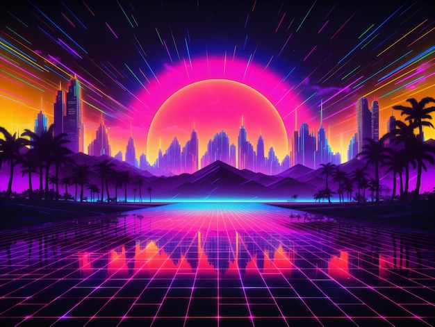 Ландшафт в стиле синтетической волны 80-х с голубыми горами и солнцем над аркадным космическим планетом Каньон