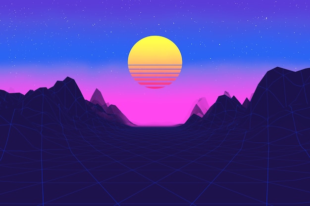 80s Synthwave Styled Landscape with Road, Mountains and Stripped Sun extreme closeup. 3d Rendering