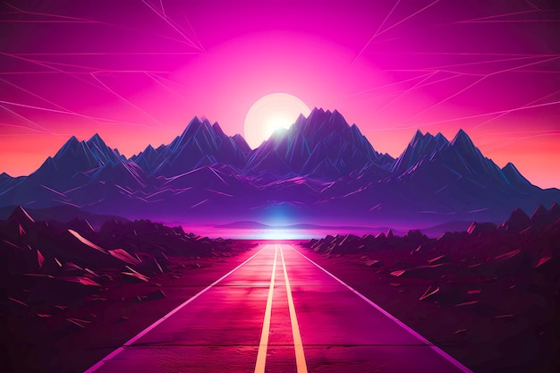 Photo 80s synthwave styled landscape with sunset and mountains