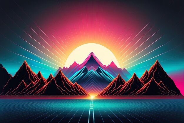 80s vintage and holographic mountain light future commercial backdrop