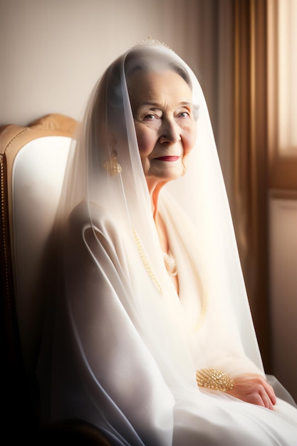 85-летняя невеста сидит, освещенная естественным светом из окна и обращена к камере.