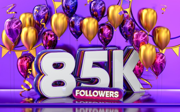 85k followers celebration thank you social media banner with purple and gold balloon 3d rendering