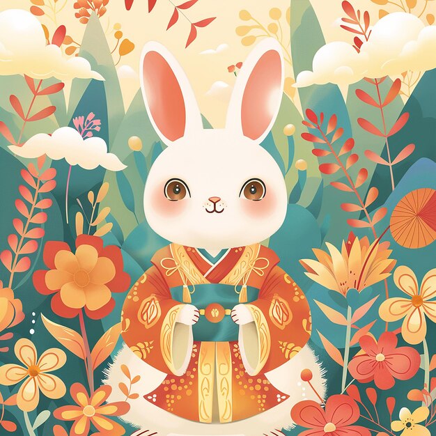 Photo 8h a cute white rabbit in hanfu stands in a garden surrounded by flowers and clouds the illustratio