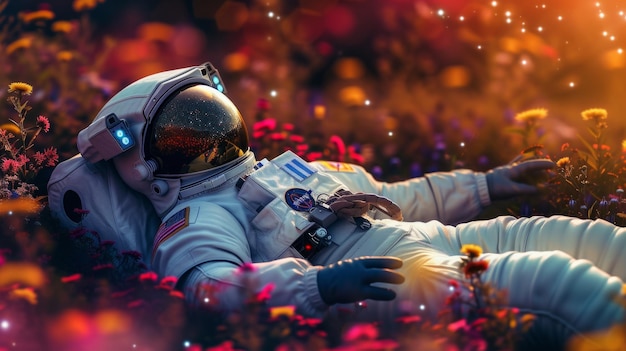 An 8k realistic astronaut in mystical galaxy lie down relaxed on a field of vivid flowers and trees AI Generative