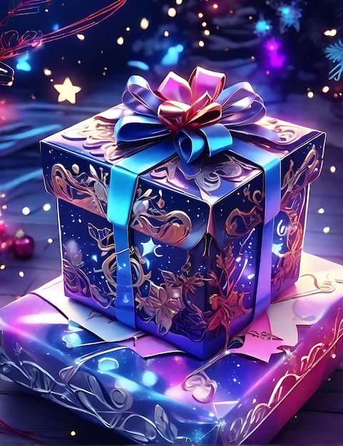 Рождественская подарочная коробка в стиле аниме 8K UltraHD Шедевр детального искусства с неоновыми эффектами