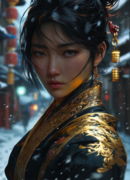 8k wallpaper of a mysterious kunoichi wearing gold jewelry in the streets of a dark snowy town in Ru