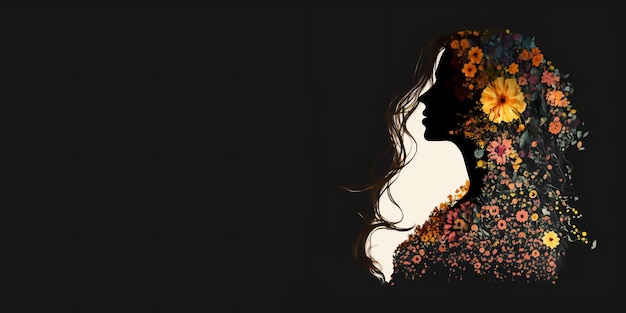 Photo 8th march international women's day concept with woman silhouette colorful flowers and splash