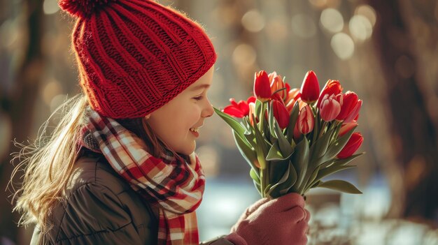 an 8yearold boy in a knitted red hat gives his mother a bouquet of tulips