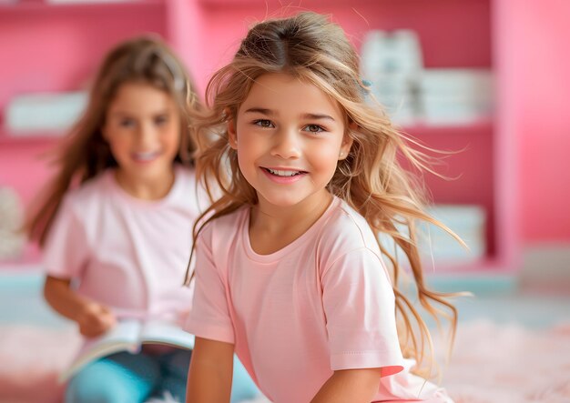 8yearold girls playing together and having fun in a playroom created at home Concept lifestyle