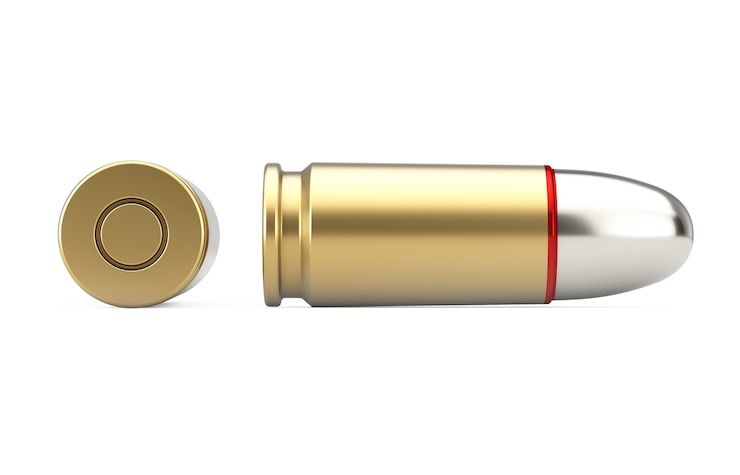 Photo 9 mm metal gun bullet on a white background. 3d rendering