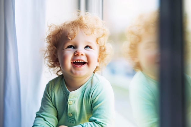 写真 ぽっちゃり顔の生後9か月の赤ちゃん、母親に微笑む金髪の愛さん