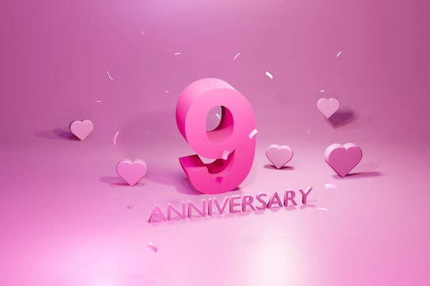 9 years anniversary celebration on light pink background 3d render