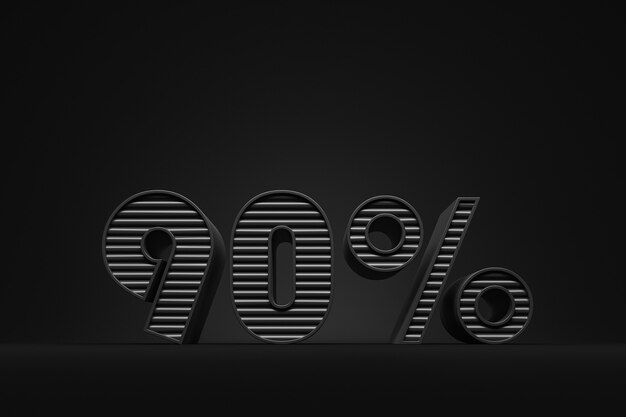 90 procent kortingslabel gemaakt van zwarte letters op de zwarte achtergrond. Zwarte vrijdag-concept. 3D-rendering illustratie.