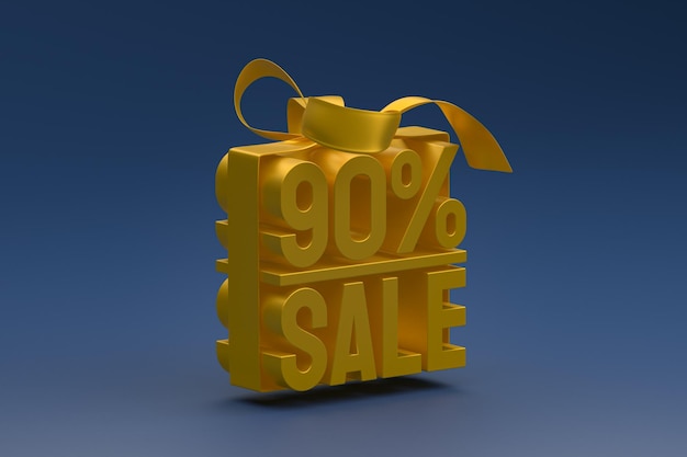 90% sale in box with ribbon and bow on blue background