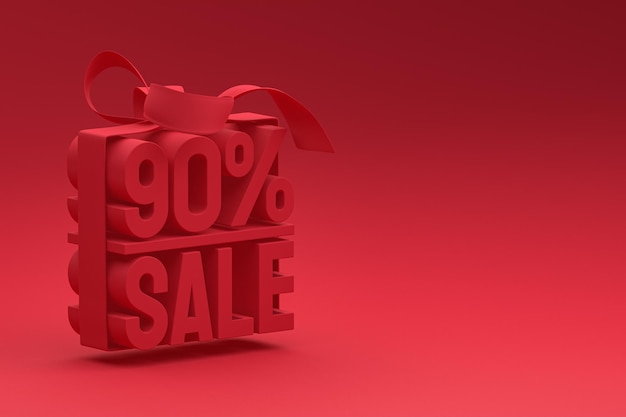 90% sale in box with ribbon and bow on red background