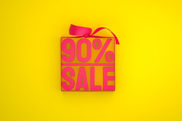 90% sale in box with ribbon and bow on yellow background