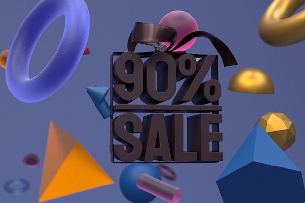 90% sale with bow and ribbon 3d design on abstract geometry background