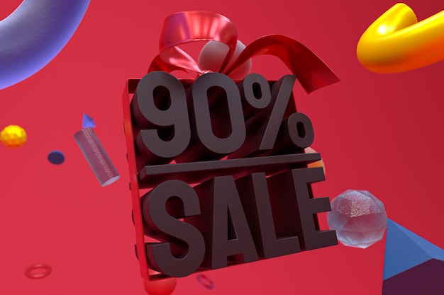 90% sale with bow and ribbon 3d design on abstract geometry background