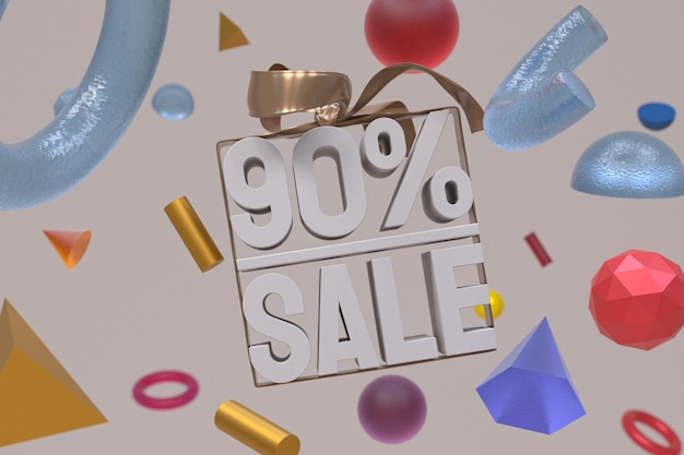 90% sale with bow and ribbon 3d design on abstract geometry background