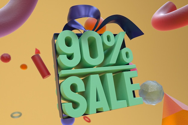 90% sale with bow and ribbon 3d design on abstract geometry background