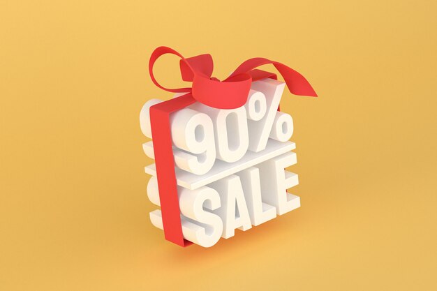 90% sale with bow and ribbon 3d design on empty background