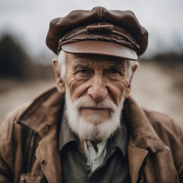 Foto il ritratto di un vecchio rumeno di 90 anni spiegazzato in un berretto da minatore in pelle con sfondo bianco