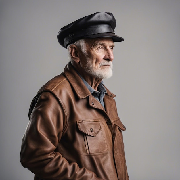 Foto il ritratto di un vecchio rumeno di 90 anni spiegazzato in un berretto da minatore in pelle con sfondo bianco