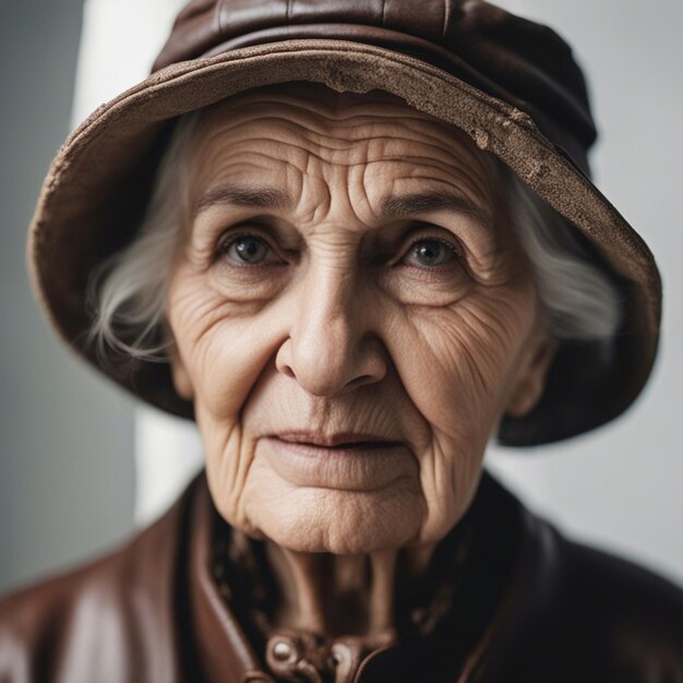 Foto il ritratto di una vecchia rumena di 90 anni spiegazzato in un berretto da minatore in pelle con sfondo bianco