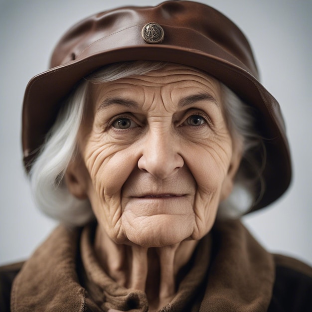 Foto il ritratto di una vecchia rumena di 90 anni spiegazzato in un berretto da minatore in pelle con sfondo bianco