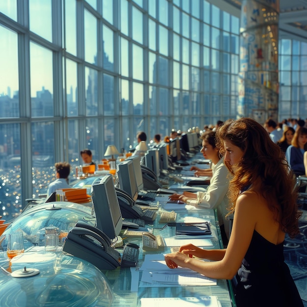 90s office workers in a glass building with a city view