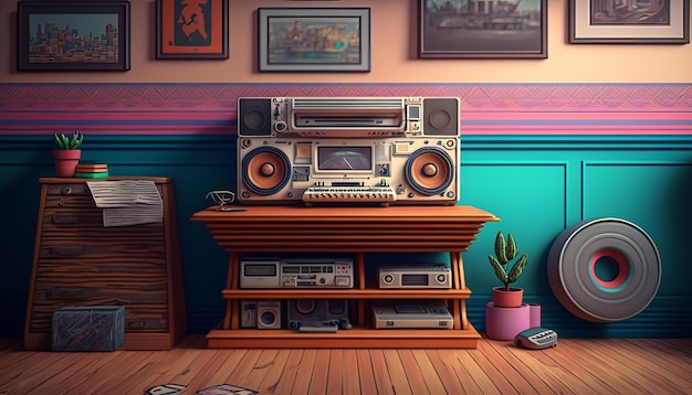 90s style detalied retro design room background AI