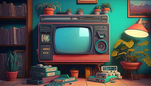 90s style detalied retro design room background AI