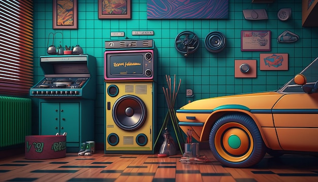 90s style detalied retro design room background AI