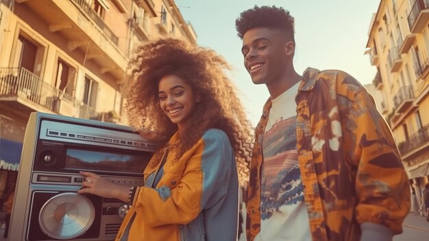 90s teens dance with boombox in the city