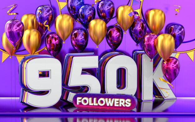 Foto 950k volgers viering bedankt social media banner met paarse en gouden ballon 3d-rendering