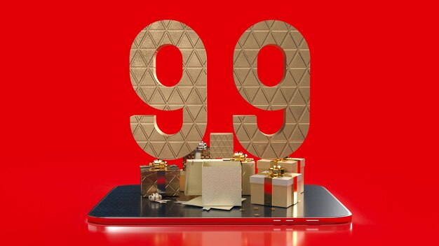 판매 또는 프로모션 컨셉 3D 렌더링을 위해 태블릿 배경에 금의 숫자 99
