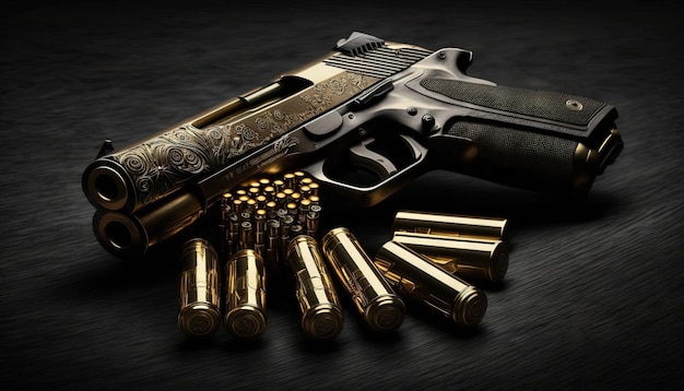 Photo 9mm pistol bullets and handgun on black background generative ai