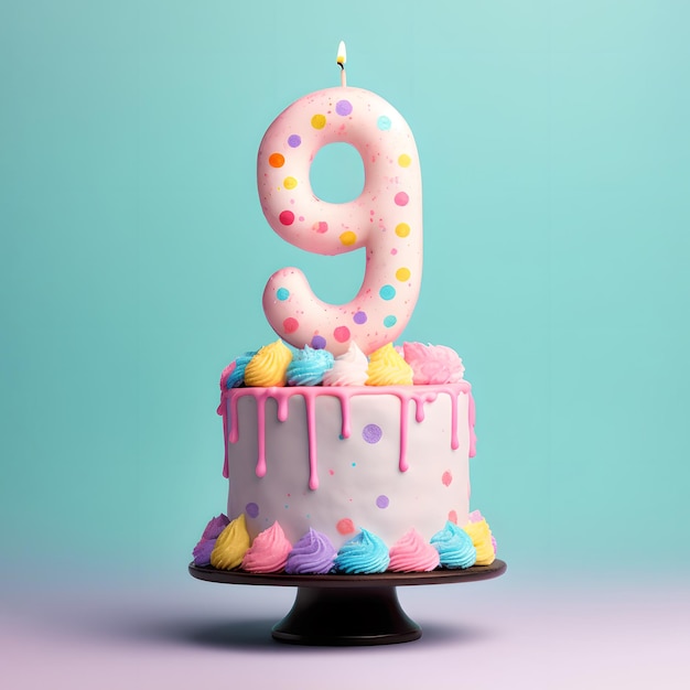 9th years birthday cake on isolated colorful pastel background