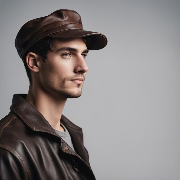 写真 革鉱夫の帽子の白い背景にしわのある 25 歳のルーマニアの若者の肖像画